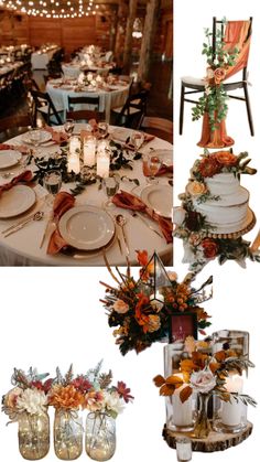 the tables are decorated with flowers and candles for an autumn themed dinner or reception party