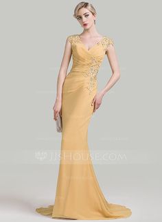 [AU$ 259.00] Trumpet/Mermaid V-neck Sweep Train Chiffon Mother of the Bride Dress With Ruffle Beading Appliques Lace Sequins (008085272) Blossom Drawing, Chiffon Evening Dresses, Clothing Designs, Dresses 2020, Tea Length Dresses, Mother Of The Bride Dress