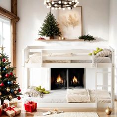 a white bunk bed sitting next to a christmas tree and fire place in a living room