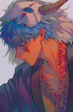 an anime character with blue hair and horns on his head, looking to the side