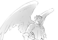 a drawing of an anime character with large wings on his shoulders and arms spread out