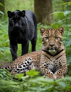 two large black cats standing in the woods