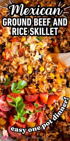 mexican ground beef and rice skillet in a pan