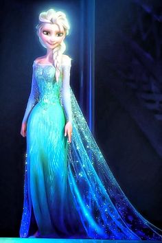 the frozen princess is dressed in blue and wearing a long dress with sequins on it