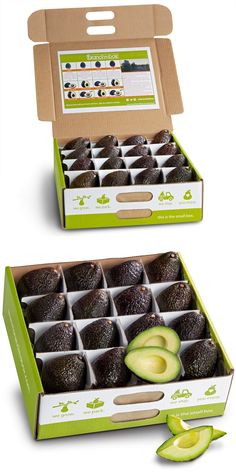 an open box filled with avocado slices and cut in half on top of each other