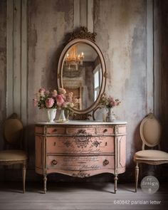 an antique dresser with flowers on top and a mirror above it, in front of a chair