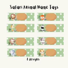 safari animal name tags with animals and giraffes on green polka doted paper