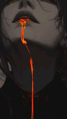 a woman's face covered in blood with orange dripping from her mouth and tongue