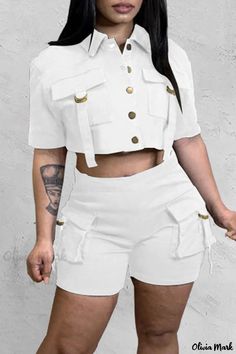 Olivia Mark - Womens White Streetwear Two-Piece Set with Solid Patchwork, Pocket, Buckle, and Turn-down Collar, Featuring Short Sleeves 2piece Outfits, Two Piece Short Set, Pretty Clothes, Classy Casual, Turndown Collar, Urban Wear, Military Inspired, Urban Chic, White Outfits