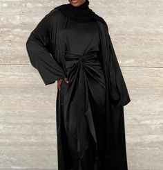 Longue Sleeve Satin Wrap Dress with Matching Open Abaya. Material: Satin Satin Abaya, Abaya Black, Black Abaya, Open Abaya, Satin Wrap Dress, Muslim Fashion Hijab Outfits, Picnic Dress, Open Hairstyles, Hijab Outfits