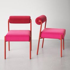 Dining just became a whole lot more exciting with the funky and bold jolene dining. This unique chair is crafted from pine wood and wrapped in sumptuous fabric, with iron legs in contrasting colors to add a sense of abstraction. AllModern Leg Color: Red, Upholstery Color: Pink/Red | AllModern Grete Side Chair 31.5 H x 20.8 W x 24.3 D in red / pinkWood / Upholstered / Velvet in Red / Pink / Red | 31.5" H X 20.8" W X 24.3" D | Wayfair Funky Dining Chairs, Funky Desk Chair, Colorful Dining Chairs, Unique Dining Chairs, Pink Dining Chairs, Pink Chairs, Art Deco Chair, Unique Chair, Chair Wood