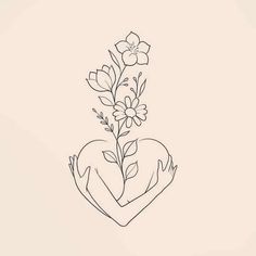 a drawing of two hands holding a heart with flowers