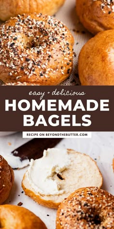 homemade bagels with poppy seed sprinkles on top and the words easy delicious homemade bagels above them