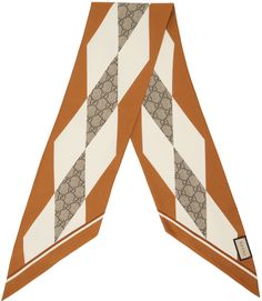 Rectangular silk twill scarf in off-white and brown. Signature GG pattern and graphic printed throughout. · Textile logo patch at face · H3.9 x W39.5 in Supplier color: Ochre/Beige Silk Twill Scarf, Scarf Outfit, Gucci Outfits, Neck Bow, Textile Logo, Buy Gucci, Silk Twill, Scarf Print, Patch Logo