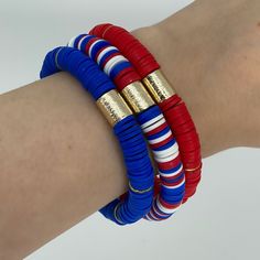 This 8mm heishi stack is the perfect accessory for all your patriotic festivities. Bracelets are “one size fits most” and are designed to fit wrists up to 7.0”. Custom sizes available upon request. Please email designsby.kb@yahoo.com once your oder is placed. *Bracelets usually ship within 3-5 business days. Heishi Bracelet Ideas, Haiti Flag, Heishi Bracelet, Preppy Bracelets, Patriotic Jewelry, Homemade Bracelets, America The Beautiful, Disc Bracelet, Anti Hero