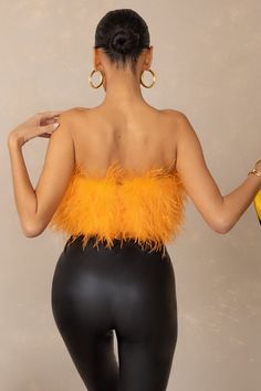 Dream Daze Orange Feather Bandeau Crop Top – Club L London - USA Maternity Jumpsuit, Strapless Bandeau, Glamorous Dresses, Sequin Maxi Dress