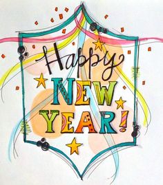 a happy new year card with the words happy new year written in colorful letters and stars