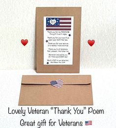 a thank card with an envelope and american flag on it, next to the message lovely veteran thank you're great gift for veterans