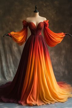 Fantasy Dress Orange, Autumn Court Dresses Acotar, Fire Wedding Dress, Fire Inspired Dress, Red Goddess Dress, Fire Inspired Outfits, Fire Gown, Sunset Wedding Dress