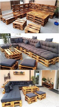 some wooden pallets are stacked together to make a couch and coffee table out of them