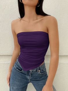 Summer Casual Solid Color Pleated Slim Fit Asymmetrical Hem Bandeau Top Purple Casual  Sleeveless Knitted Fabric Plain  High Stretch  Women Clothing, size features are:Bust: ,Length: ,Sleeve Length: Dark Purple Concert Outfit, Dark Purple Top Outfit, Purple Tube Top Outfit, Purple Going Out Top, Top Morado, Dark Purple Top, Purple Tube Top, Purple Top Outfit, Duo Ideas