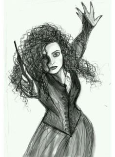 a black and white drawing of a woman with her arms in the air, wearing a dress