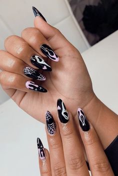 Spooky Black French Tip Nails, Spooky Oval Nails, Black Almond Halloween Nails, Long Almond Halloween Nails, Spooky Halloween Nails Almond, Almond Spooky Nails, Halloween Nails 2023 Almond, Spooky Black Nails, Spooky Halloween Nails 2023