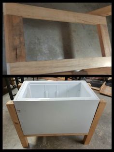 two pictures showing the inside of an unfinished cabinet