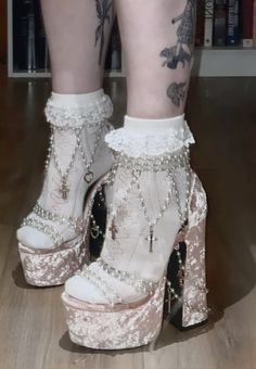 platform heels pearls frilly socks coquette dollette pink Pearl Shoes High Heels, Platform Heels With Socks, Frilly Aesthetic, Pink Heels Aesthetic, Dolly Shoes Aesthetic, Dollette Shoes, Platform Heels Aesthetic, Pink Coquette Heels, Coquette Heels