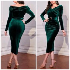 New Luxe Off Shoulder Velvet Belted Bodycon Dress * Long Sleeve * Ruched Wrap Look Off Shoulder Neckline * Detachable Belt * Fitted Stretch Midi Pencil Skirt *Approximate Unstretched Measurements* Xs (2) * Bust 30" (Up To 34") * Waist 24" * Hip 33.5" (Up To 35.75") * Length 44.5" Small (4) * Bust 31.5" (Up To 35.25") * Waist 25.5" * Hip 35"(Up To 37.25") * Length 45.25" Medium (6) * Bust 33" (Up To 37") * Waist 27.25" * Hip 36.5"(Up To 39") * Length 46" Large (8/10) * Bust 35.25" (Up To 39.25") Retro New Years Eve, Retro New Years, Bodycon Dress Long Sleeve, Blue Lace Maxi Dress, Bodycon Dress Long, Midi Pencil Skirt, Denim Midi Dress, Fall Winter Dresses, Black Sweater Dress