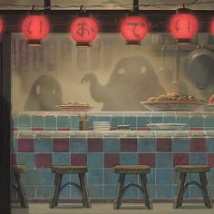 three stools sit in front of a counter with red lanterns hanging from it's ceiling