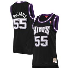 a women's sacramento kings jersey with the number 55 in purple and white on it