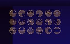 a set of nine golden circles on a dark blue background with lines in the middle