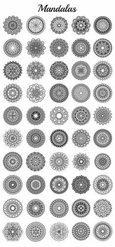 many circular designs in black and white, with the word's name below them