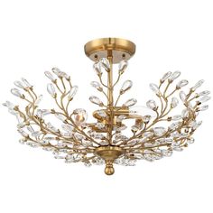 a golden chandelier with clear glass drops on it's petals and leaves