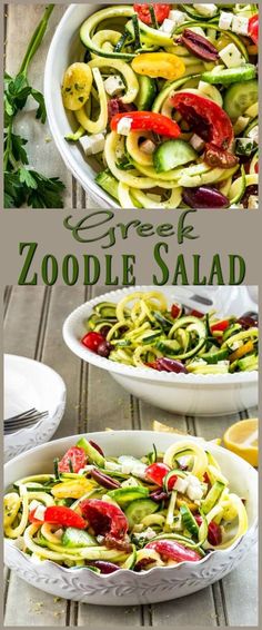 two bowls filled with zucchini salad on top of a wooden table