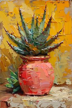 a painting of a red potted plant on a yellow and brown background with paint chipped edges