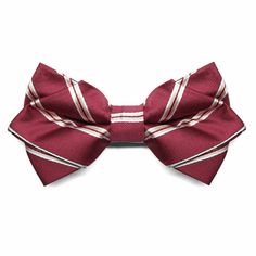 Exclusively ours! Go all out with this classically designed pre-tied diamond tip bow tie. This light coral, burgundy and white pencil stripe bow tie features elegant diamond tips in the front and traditional bow tips in the back. The adjustable band collar expands to fit most adult neck sizes. More bow tie styles for men and boys are available in this same pattern. Product Features • Bow measures approximately 5" across and 2.5" high on the ends • Adjustable for neck sizes approximately 12" to 2 Tie Styles For Men, Traditional Bow, Art Of Manliness, White Pencil, Light Coral, Tie Styles, Pocket Squares