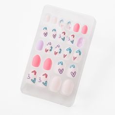 Claire's Pastel Heart Print Stiletto Press On Vegan Faux Nail Set - 24 Pack Press On Nails From Claires, Kids Press On Nails, Claire's Fake Nails, Nails For 10, Press On Nails For Kids, Kids Fake Nails, Tipped Nails, Claire's Nails, Fake Nails For Kids