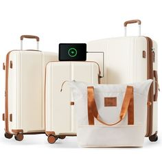 Travel smart with the Aukfa AK-LG02-009 3-piece luggage set, featuring 20-inch, 24-inch, 28-inch suitcases and a travel bag, each suitcase equipped with USB ports for convenient on-the-go charging. Crafted from lightweight 100% PP material, these durable suitcases offer smooth 360 spinner wheels for effortless mobility and ergonomic top and side handles for easy lifting. The expandable function increases packing space by 25%, making it perfect for accommodating extra belongings. This smooth-moving luggage set enhances travel efficiency and reduces inconvenience, improving overall travel experience. Color: Beige. Classy Luggage Sets, Suitcase Set For Women, Best Luggage For International Travel, Best Travel Bags, 3 Piece Luggage Set, Spinner Luggage Sets, Lightweight Suitcase, Lightweight Luggage, Hardside Luggage