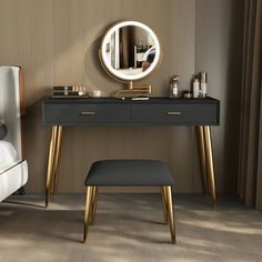 a bedroom with a vanity, mirror and stool