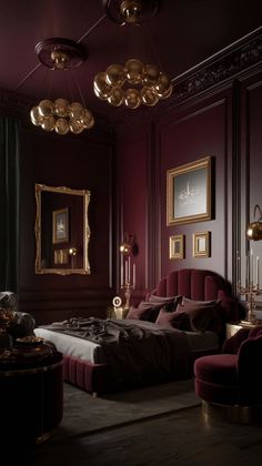 a bedroom with red walls and gold accents