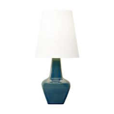 a blue table lamp with a white shade