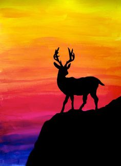 a painting of a deer standing on top of a hill in front of a colorful sky