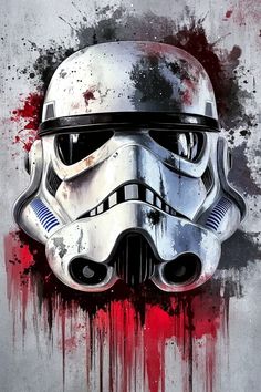 a star wars poster with a storm trooper helmet on it's face and paint splattered background