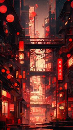 a city with lots of red lanterns hanging from it's sides