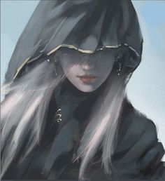 a digital painting of a woman with long white hair wearing a black hooded jacket and gold earrings