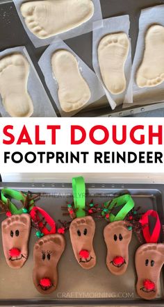 homemade salt dough footprint reindeer ornaments with text overlay that reads salt dough footprints reindeer