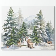 a painting of deer in the snow surrounded by trees