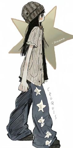 a drawing of a woman walking with a star on her head and stars in her pants